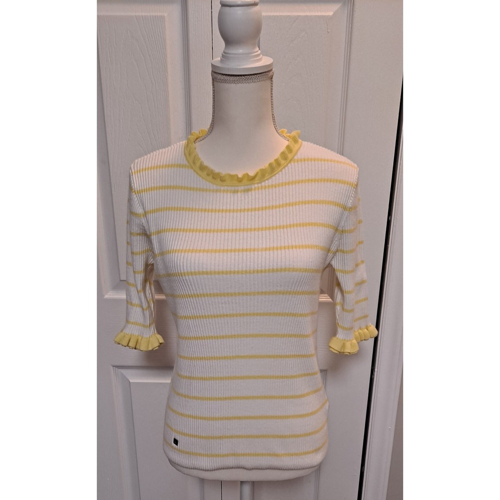 Lauren Ralph Lauren Yellow White Knit Striped Sweater Y2K Size Large Top Ruffle